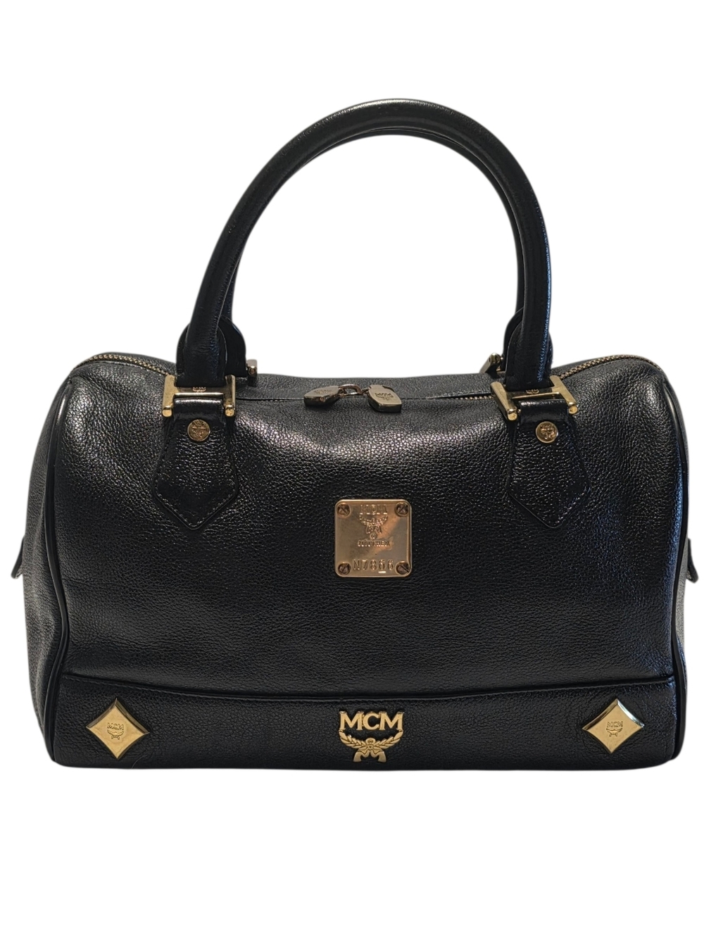 MCM Boston Bag With Gold Hardware Classic Black Leather Dome Satchel Handbag - Picture 2 of 15
